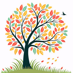 Obraz premium Autumn tree with falling leaves and bird red leaves