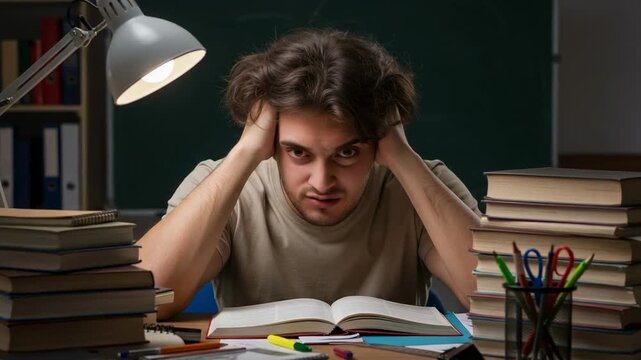 Stressed young male student feeling overwhelmed while studying late at night. Frustrated man cramming for an exam with a pile of books.