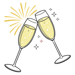 Champagne glasses clinking with sparkling highlights and golden burst toast celebration