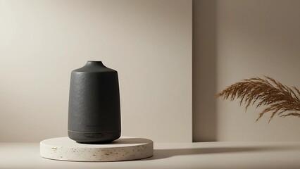 Modern Black Diffuser on Concrete Pedestal with Pampas Grass in Minimalist Studio