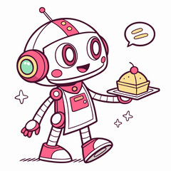 Cheerful robot serving yellow cake with cherry topping assistant dessert