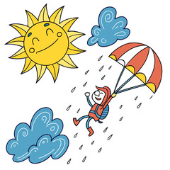 Cheerful sun blue clouds rain drops person parachute yellow smiling