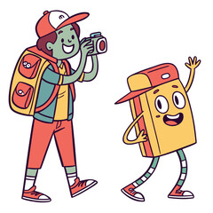 Cheerful tourist with camera and dancing book character cartoon backpack