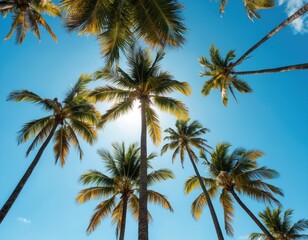 Obraz premium Tropical beach scene with rich green palm trees reaching towards clear blue sky in Venezuela. Sunlight shines through leaves, creating warm summer atmosphere perfect for vacation travel, island