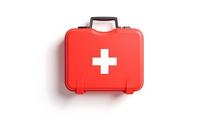 Obraz premium Red first aid kit with white cross symbol on white background 