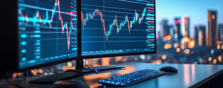 Dual Monitors Stock Chart Display, Cityscape Bokeh Background,Trading, Finance