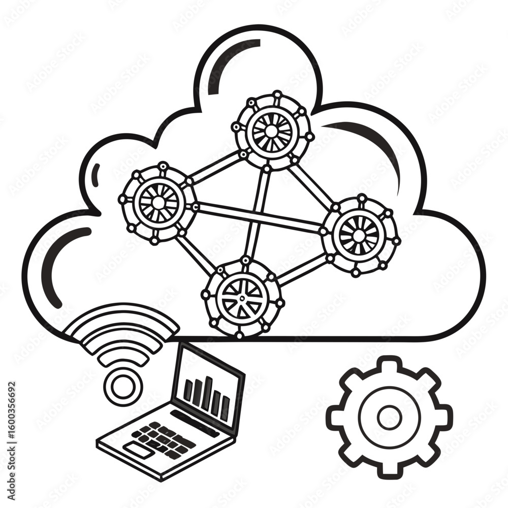 Poster cloud network connection with laptop and gears vector