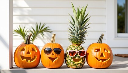 Obraz premium Pumpkins and pineapple with sunglasses for Halloween celebration Summerween decor