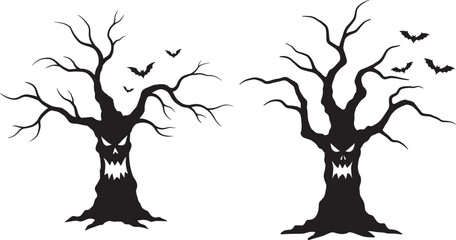 Spooky halloween trees with scary faces and bats silhouette