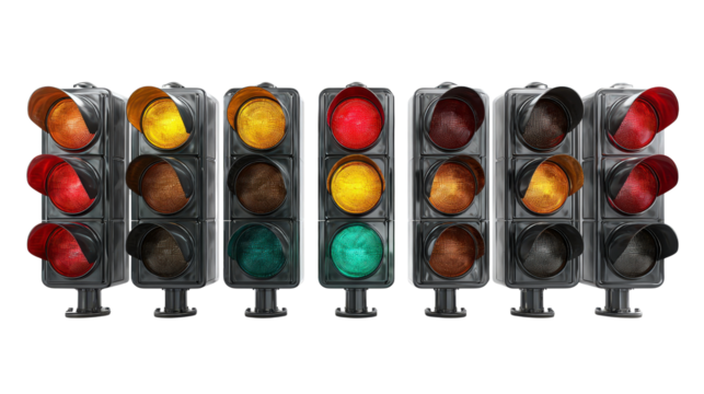 Collection of modern traffic lights background isolated on a Transparent background, PNG file.