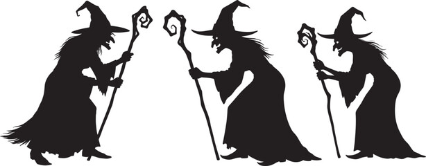 Obraz premium Three witches in silhouette holding staffs