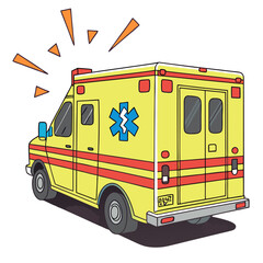 Bright yellow ambulance with red stripes and blue star