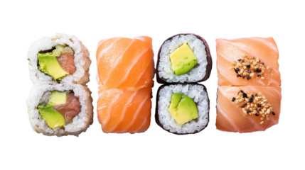 Set of sushi and maki with soy sauce over blue stone background. Top view with copy space