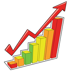 Colorful rising bar graph with upward trending arrow rising arrow success