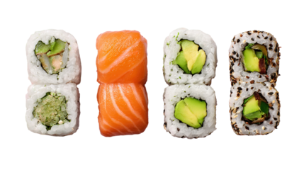 Set of sushi and maki with soy sauce over blue stone background. Top view with copy space