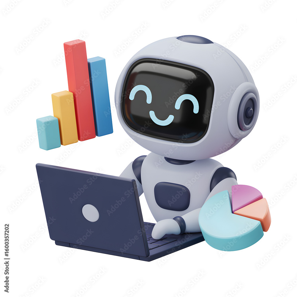Aufkleber friendly robot analyzing data with laptop, showcasing growth charts and pie graphs for business insi