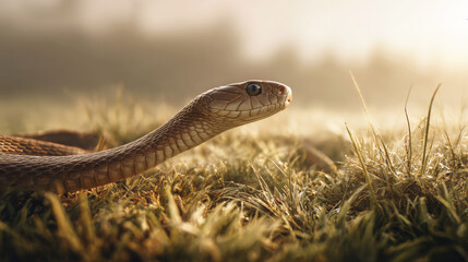 Fototapeta premium Close-up of brown snake in dewy morning grass