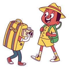Cartoon tourist with backpack and camera suitcase travel
