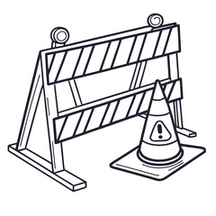 Construction barrier and warning cone with exclamation mark roadwork safety