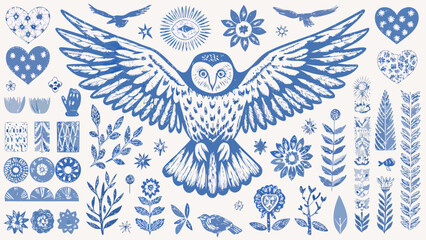Illustration of an owl with outstretched wings surrounded by floral and celestial elements in blue ink style silhouette