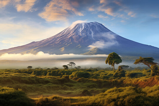 The majestic Mount Kilimanjaro emerges from a misty sky.