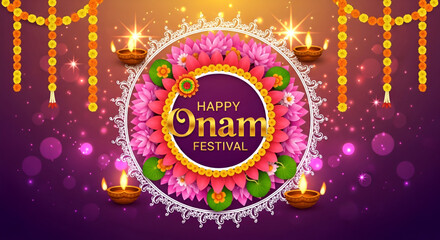 happy onam celebration background with colorful floral rangoli decoration lotus flowers traditional oil lamps glowing on purple backdrop with bright lights and marigold garlands