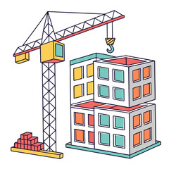 Crane lifting colorful building blocks construction architecture