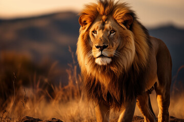Obraz premium The king of the jungle with the golden mane stares fiercely.