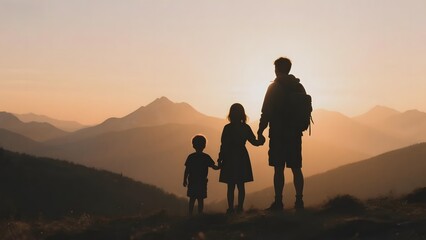 Silhouette of a family of three standing together against a mountainous sunset backdrop