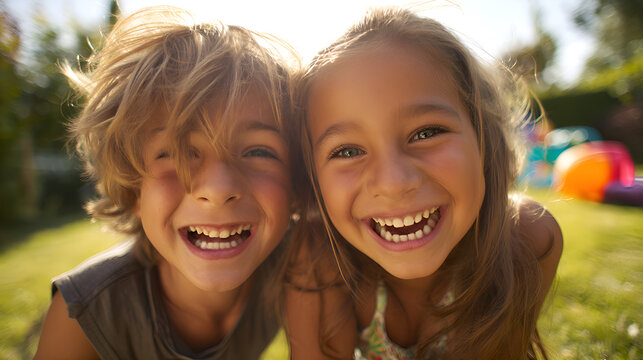 Two happy children smiling together in a garden
