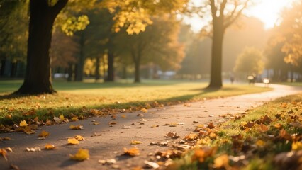 Sunlit Pathway in Autumn Park with Fallen Leaves
