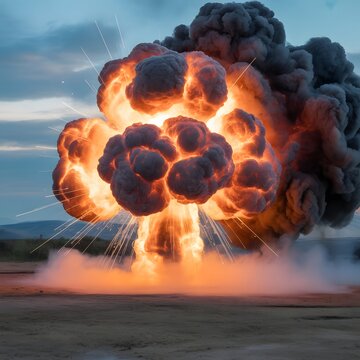 Massive Fire Explosion with Thick Smoke Plumes Rising Against Blue Sky, Capturing Destruction, Power, Heat, and Intense Combustive Energy Burst