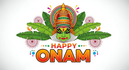 happy onam greeting with colorful kathakali dancer face banana leaves mandala and festive elements for indian cultural celebration and traditional religious event