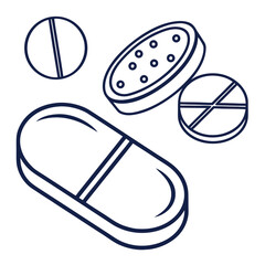 Dark blue outline of various pills and capsules medication pharmacy