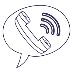 Dark blue outline phone handset in speech bubble with sound waves call communication