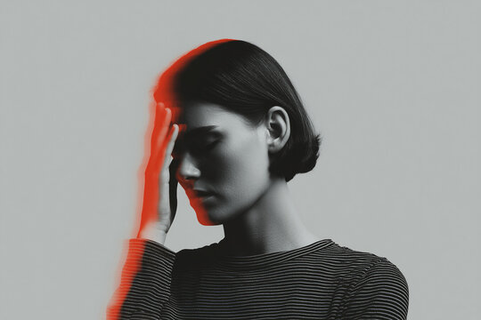 Visual representation of a severe headache or migraine episode &mdash; depicting throbbing pain, pressure at the temples, and neurological discomfort with associated symptoms like nausea, light sensitivity