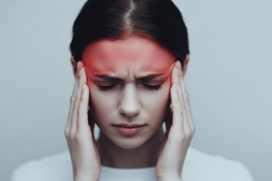 Visual representation of a severe headache or migraine episode — depicting throbbing pain, pressure at the temples, and neurological discomfort with associated symptoms like nausea, light sensitivity - Powered by Adobe