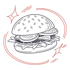 Delicious burger with red accents and sparkles hamburger food