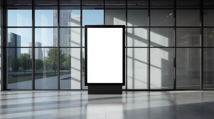 Airport hall billboard mock up with white screen, alpha channel. Business concept, indoor board, empty frame