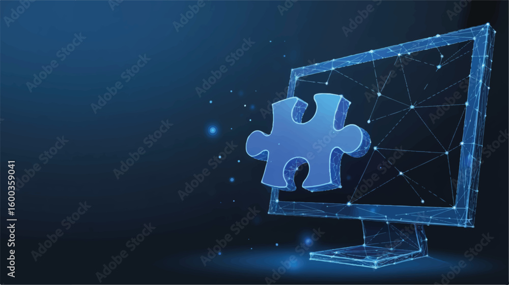 Poster digital puzzle solution: a creative digital representation of a puzzle piece emerging from a compute
