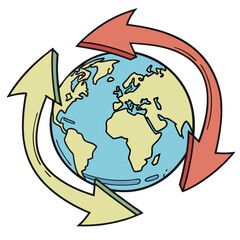 Earth planet with recycling arrows in coral and yellow globe