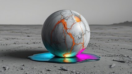 Cracked Marble Sphere Emitting Vibrant Light on Barren Ground