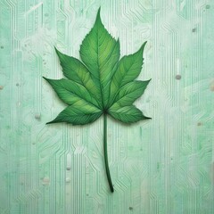 Illustration of Close-up of a green microchip with a leaf pattern etched on its surface, minimal tech and nature fusion.