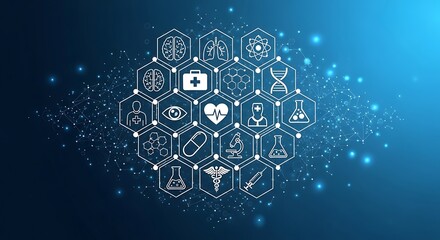 Medical icons in hexagon shapes connected by dots on a blue gradient background with light flares