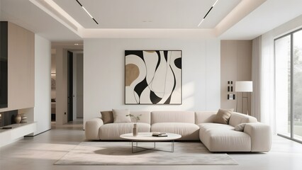 Modern Living Room with Abstract Wall Art and Neutral Color Scheme