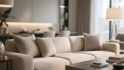 Modern Living Room with Beige Sofa and Cozy Pillows