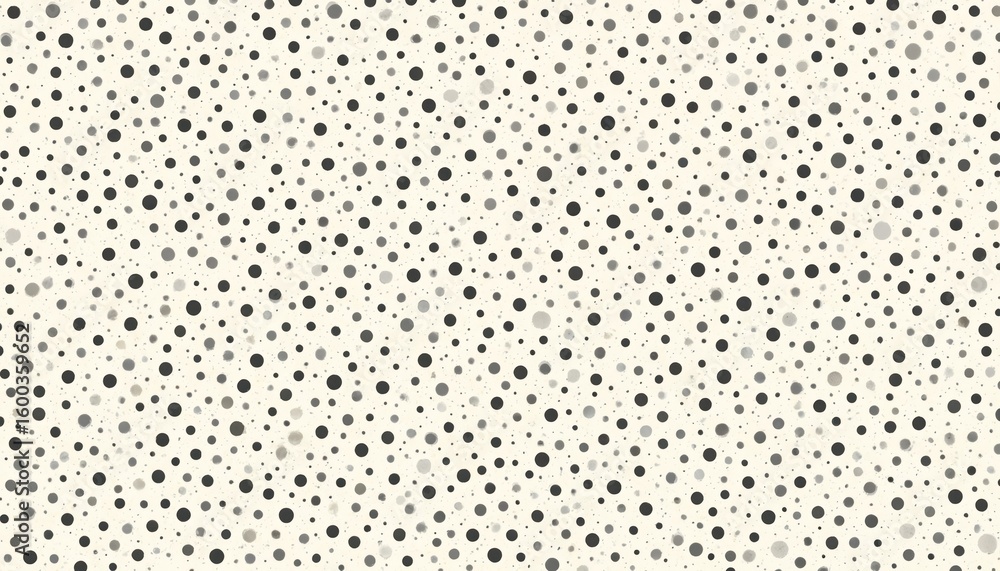 Poster monochrome illustration features random scattering of dots varying in size, shade. repeating pattern