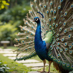 Obraz premium Peacock in Full Display with Lush Garden Background