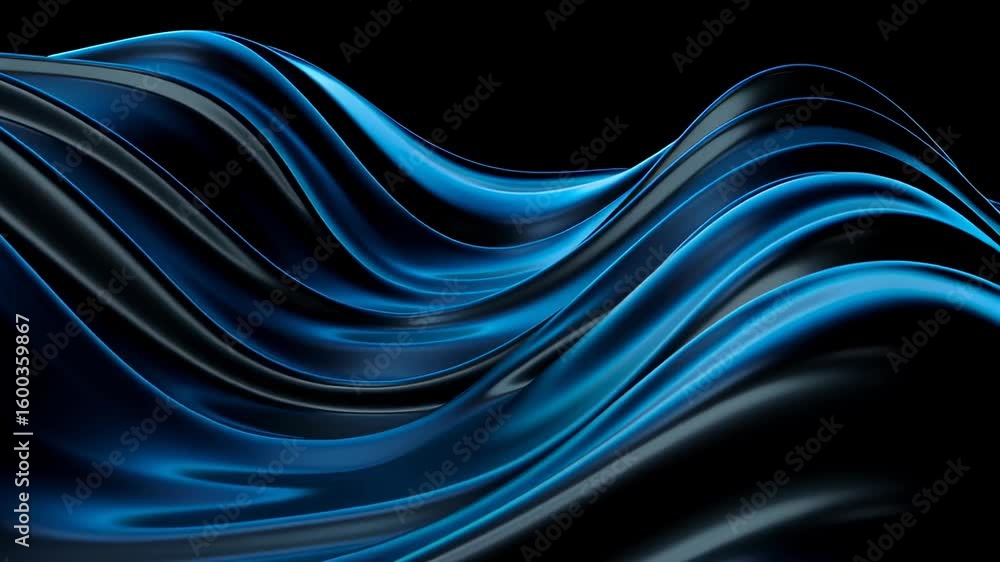 Poster rolling electric blue waves on black background creating liquid flowing patterns of abstract art
