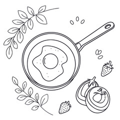 Fried egg in pan with strawberries and leaves frying pan breakfast